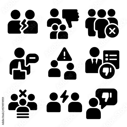 Team Feedback Icons. Solid vector icons of team-related feedback issues: broken collaboration symbol, negative teamwork feedback,