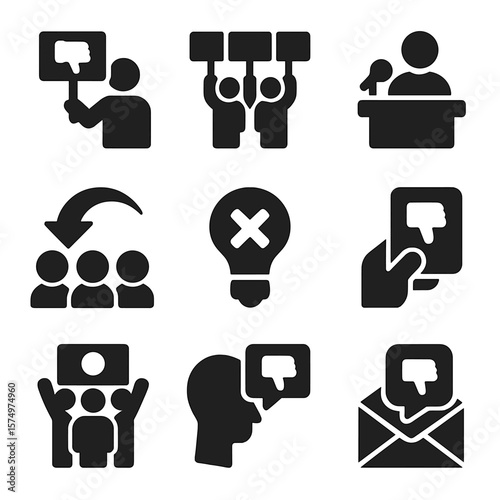 Public Dissent Symbols. Solid vector icons of public disapproval: protest icon, people holding signs, speaker with downvote,
