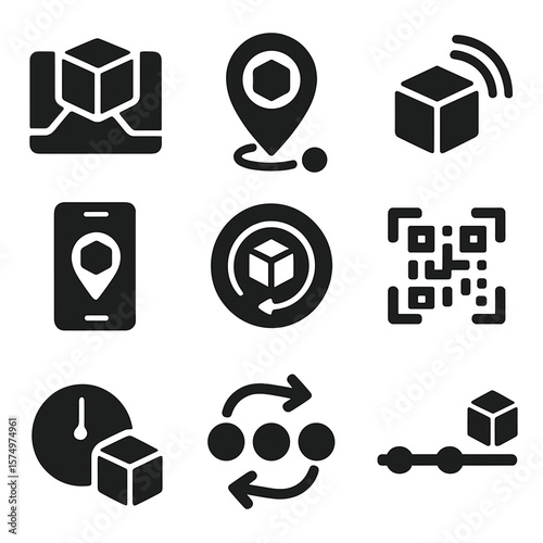 Delivery Tracking Icons. Solid vector icons of tracking and monitoring: map with package icon, delivery route pin, parcel GPS