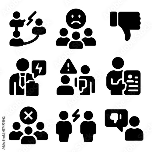 Team Feedback Icons. Solid vector icons of team-related feedback issues: broken collaboration symbol, negative teamwork feedback,