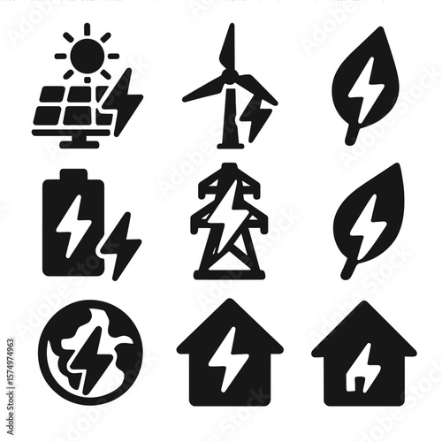 Eco Power Icons. Solid vector icons of eco and sustainable power: solar panel with bolt, wind turbine with energy flash, green