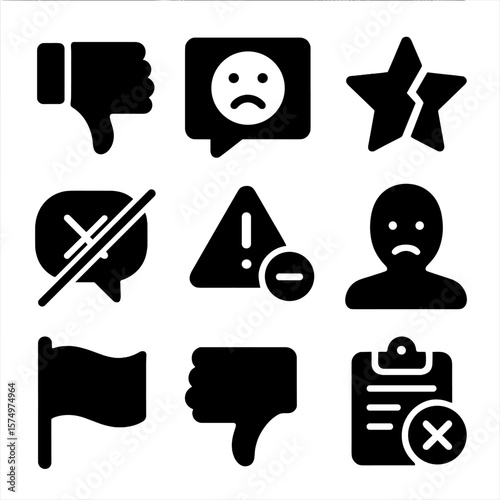 Negative Feedback Icons. Solid vector icons of negative feedback concepts: thumbs down icon, frowning face in speech bubble,