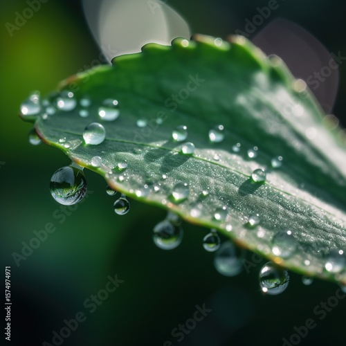 Dewdrops on Green Leaf Closeup.