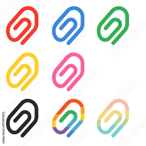Colorful Paper Clip Set. Solid vector icons of colored paper clips: red clip icon, blue clip, green clip, yellow clip, pink clip,