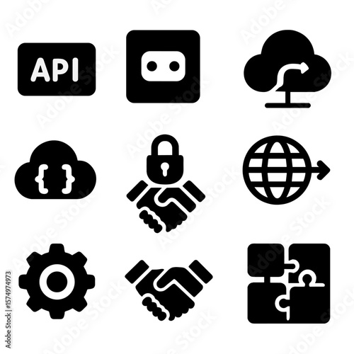 Internet Protocol Icons. Solid vector icons of internet protocols and APIs: API bracket icon, socket port icon, RESTful web