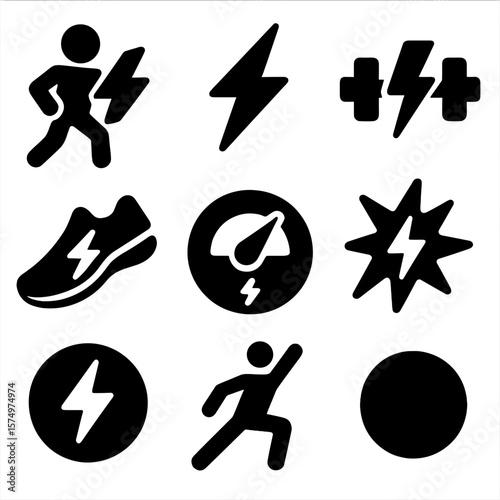 Sports Energy Icons. Solid vector icons of sports and power: athlete icon with bolt, fitness energy symbol, electric dumbbell,