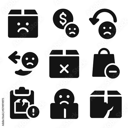 Product Return Icons. Solid vector icons of product return feedback: return package with sad face, refund request icon, return