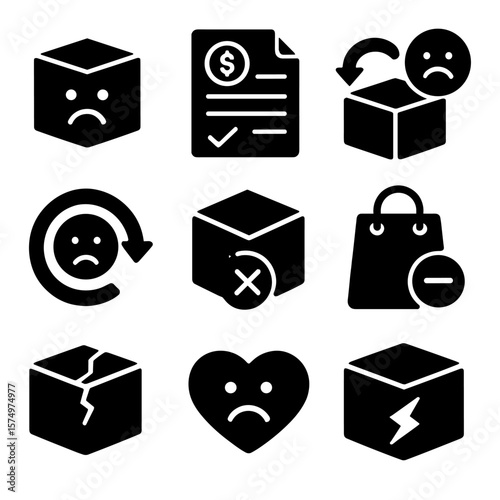 Product Return Icons. Solid vector icons of product return feedback: return package with sad face, refund request icon, return