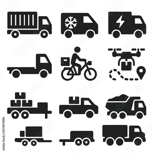 Vehicle Logistics Icons. Solid vector icons of vehicle logistics: container truck icon, refrigerated van symbol, electric delivery