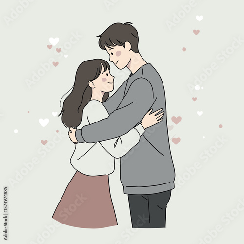 Loving couple embracing each other with smiles and hearts in a minimalist style