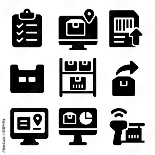 Inventory Management Icons. Solid vector icons of inventory management: stock checklist icon, real-time inventory tracker, barcode