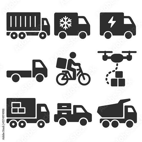 Vehicle Logistics Icons. Solid vector icons of vehicle logistics: container truck icon, refrigerated van symbol, electric delivery