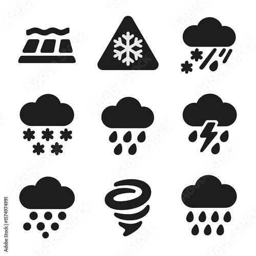Weather Condition Icons. Solid vector icons of weather conditions: wet pavement icon, icy road warning, sleet falling icon, heavy