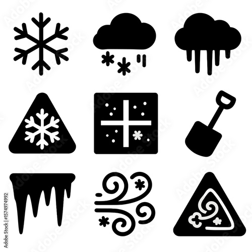 Winter Weather Icons. Solid vector icons of snow and ice: snowflake icon, snow cloud symbol, freezing rain icon, icy road triangle