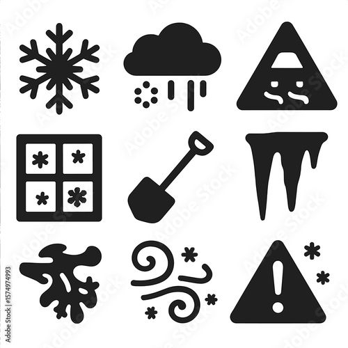 Winter Weather Icons. Solid vector icons of snow and ice: snowflake icon, snow cloud symbol, freezing rain icon, icy road triangle