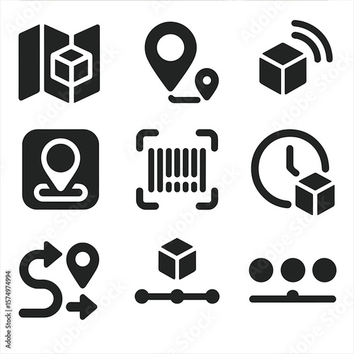 Delivery Tracking Icons. Solid vector icons of tracking and monitoring: map with package icon, delivery route pin, parcel GPS