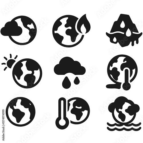 Climate Icon Set. Solid vector icons of global and climate weather: earth with clouds, global warming symbol, climate change icon,
