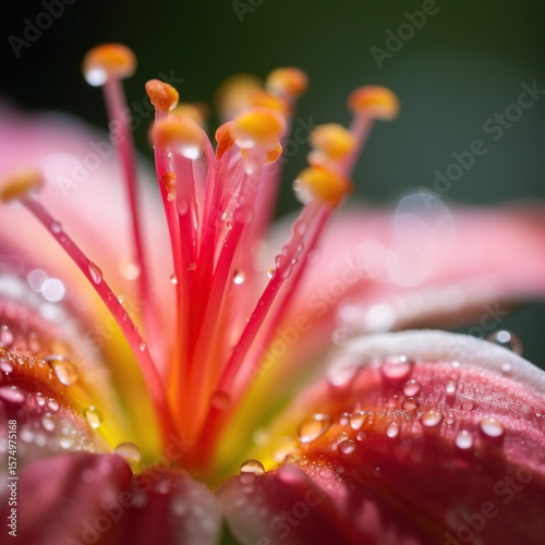 Dewdrops on Pink Lily Closeup.