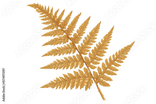 Golden fern frond glimmering against transparent backdrop, highlighting botanical elegance