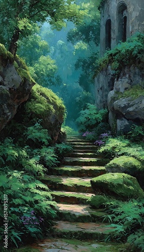 Ancient mossy steps lead into a lush, verdant forest landscape