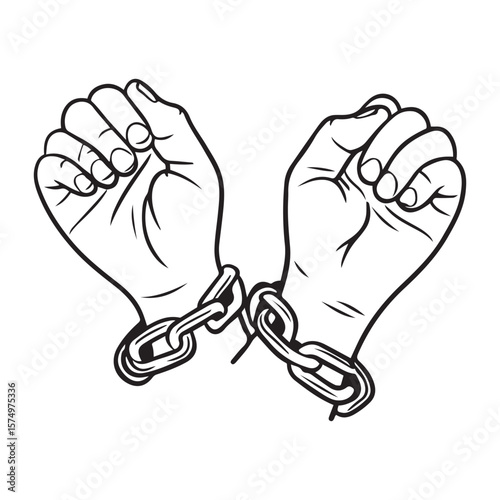 Hands chained together monochrome silhouette vector illustration
