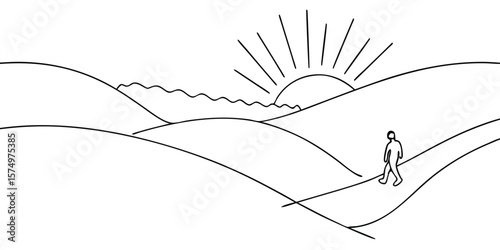 Continuous line art a person walking on a path towards the sunrise over hills landscape