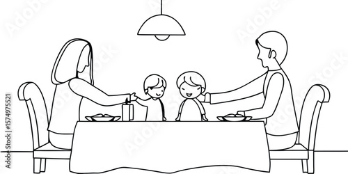 Family dining table scene with parents children in continuous line art dinner meal