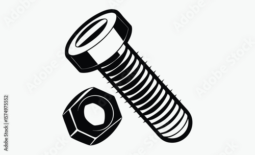 Screw bolt, nut  silhouette, mechanical hardware vector, construction tool design, black and white component illustration