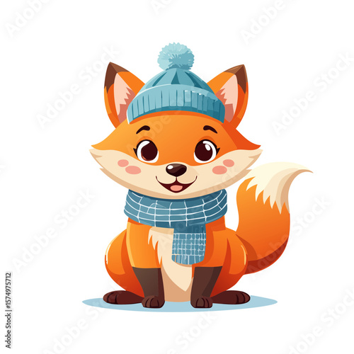Cute Cartoon Fox Character Wearing a Winter Hat and Scarf Isolated on a Transparent Background