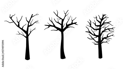 A simple and clean looping animation featuring three leafless trees blowing in the wind in a vector illustration style. 
