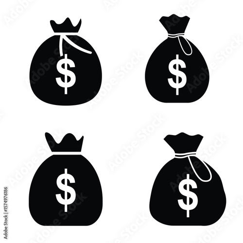 Money bag icon set money sack illustration clipart vector elements silhouette isolated in white background