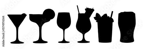 black silhouette of cocktail in different class, vector black set of beer, wine, mojito, Pina colada, martini