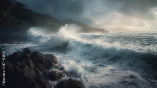 Dramatic Ocean Waves Crashing Shore.