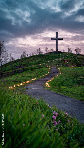 A large cross stands atop a hill with a path illuminated by small lights leading up to it, under a dramatic sky. Spiritual journey.