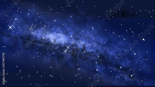 A seamless and stunning looping animation of the Milky Way galaxy or a cosmic nebula. The deep blue night sky background is filled with thousands of points of light, shining and twinkling softly.