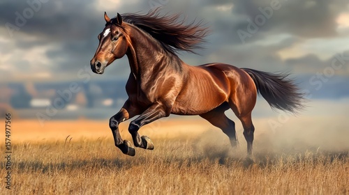 Majestic chestnut horse gallops through golden field under dramatic sky