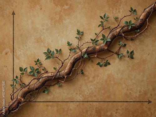Nature Inspired Tangled Vines and Green Leaves on Dry Wood: Organic Wall Decor with Earthy Tones and Bottomtical Illustration