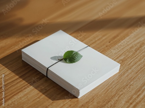 Elegant Minimalist Flat Lay with Notepad and Botanical Leaf on Wooden Desk for Creative Workspace Design