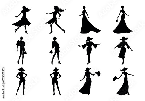 Elegant Silhouettes of Fashion: A collection of diverse women's fashion silhouettes, from flowing gowns to chic everyday wear, captures the grace and sophistication of timeless style.