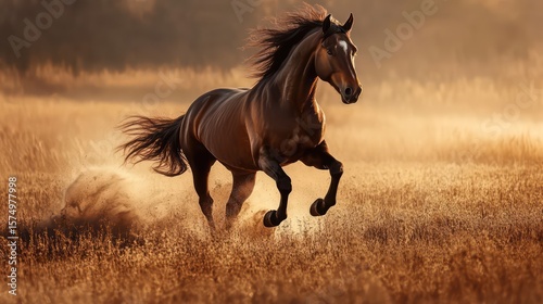 Majestic Brown Horse Galloping Through Golden Field, Dust Kicked Up, Dramatic Lighting
