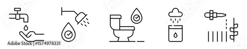 Conjunto de iconos de ahorro de agua. Sostenibilidad. Cerrar el grifo, ducha ahorradora, inodoro eficiente, recolección de lluvia y riego sostenible. Ilustración vectorial