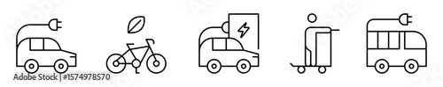Conjunto de iconos de movilidad verde. Transporte sostenible. Carro eléctrico, bicicleta ecológica, carga energética, scooter, y transporte eléctrico