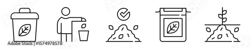 Conjunto de iconos de compostaje. Prácticas sostenibles. Depósito de residuos, reciclaje, validación, recolección y abono. Ilustración vectorial 
