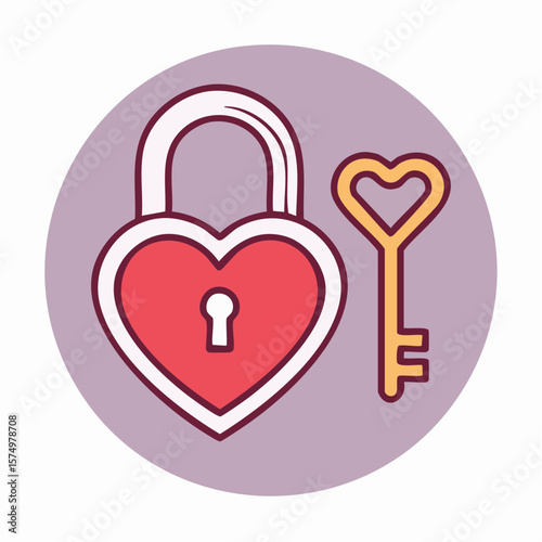 lock and key with heart shape icon in clean line art symbolizing love, trust, and connection