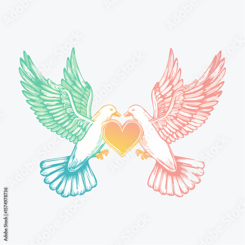 two doves holding a heart icon in soft gradient fill with romantic and symbolic love theme