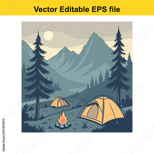 Mountain Campsite with Tents and Campfire – Outdoor Adventure Under the Stars