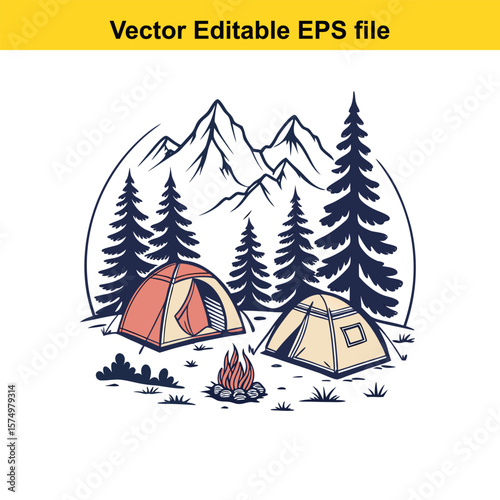 Mountain Campsite with Tents and Campfire – Outdoor Adventure Under the Stars