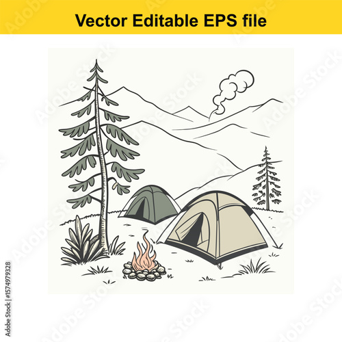 Mountain Campsite with Tents and Campfire – Outdoor Adventure Under the Stars