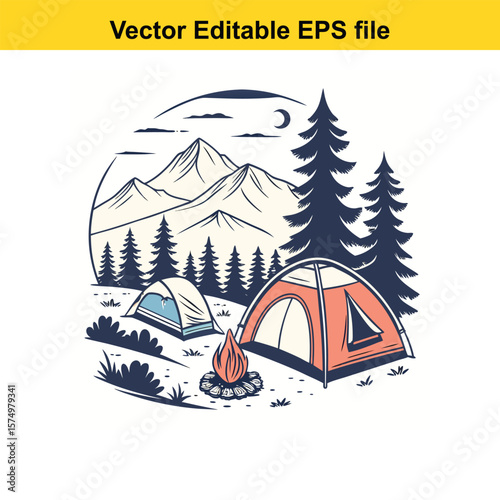 Mountain Campsite with Tents and Campfire – Outdoor Adventure Under the Stars
