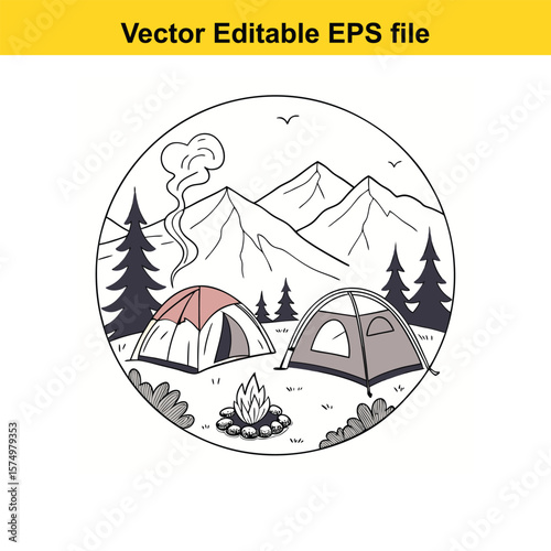 Mountain Campsite with Tents and Campfire – Outdoor Adventure Under the Stars